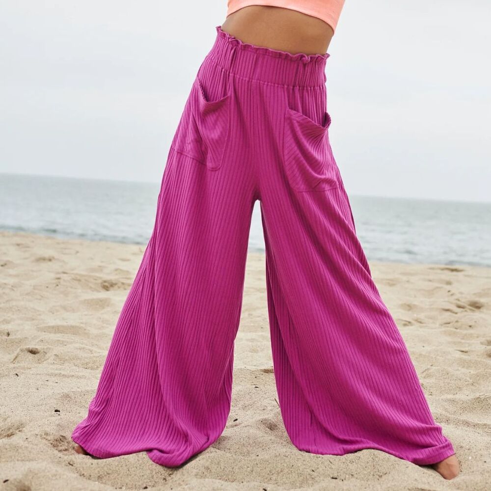 Free People Pants wide leg blissed out ribbed womens Purple (small) athleisure